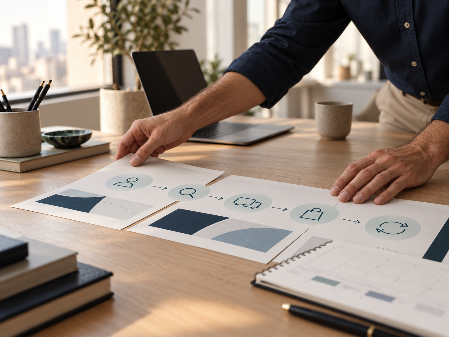 Assessor organizando uma jornada do cliente ilustrada com ícones sobre a mesa