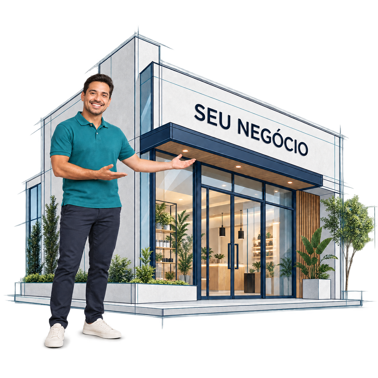 Empresário feliz ao lado da fachada Seu Negócio