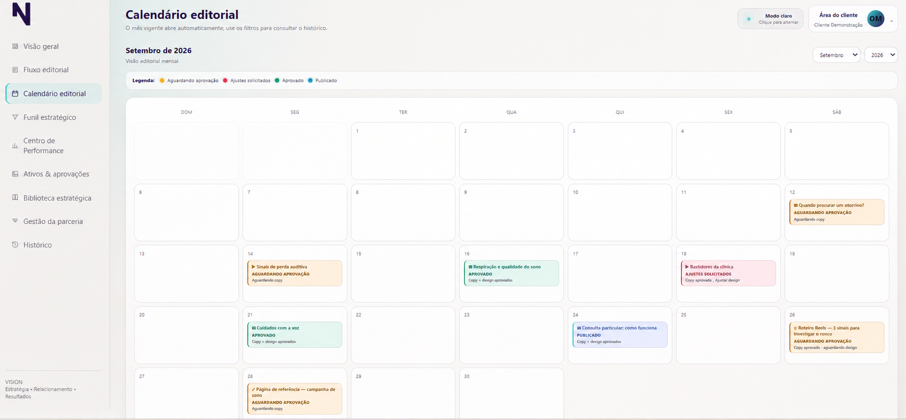 Calendário na Central Vision